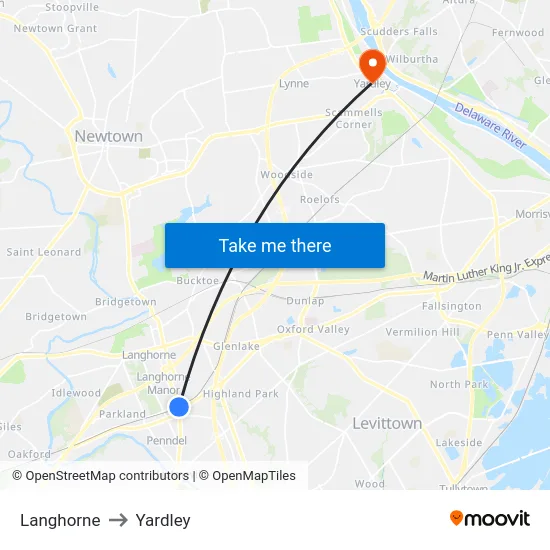 Langhorne to Yardley map