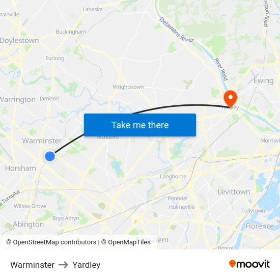 Warminster to Yardley map