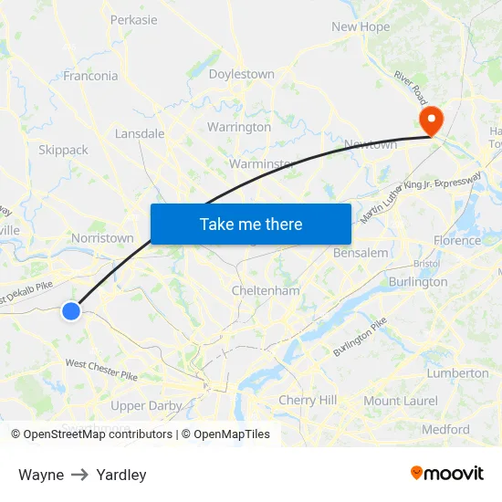 Wayne to Yardley map