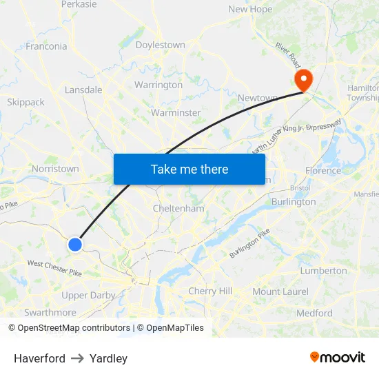 Haverford to Yardley map
