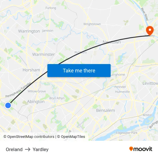 Oreland to Yardley map