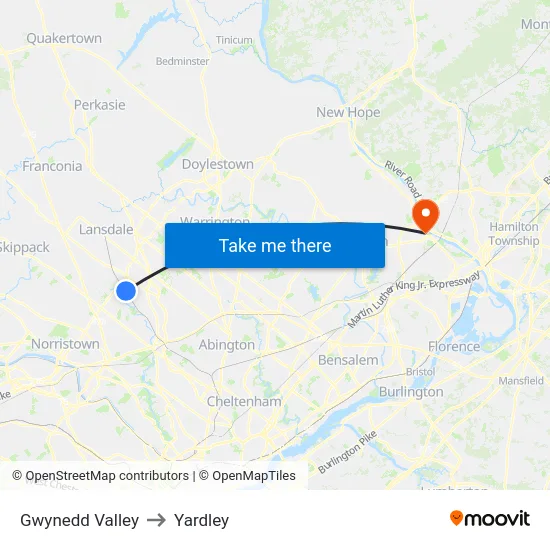 Gwynedd Valley to Yardley map