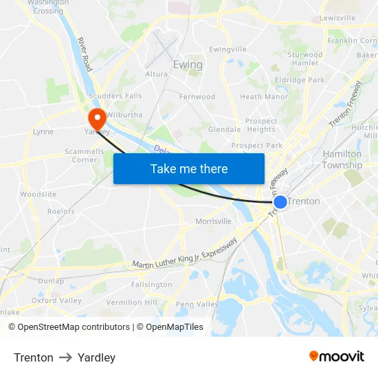 Trenton to Yardley map
