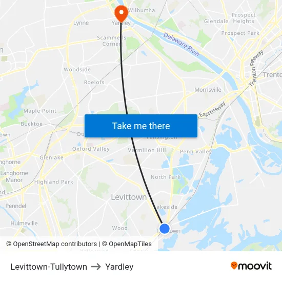 Levittown-Tullytown to Yardley map