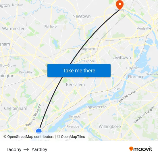 Tacony to Yardley map