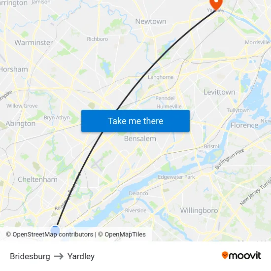 Bridesburg to Yardley map