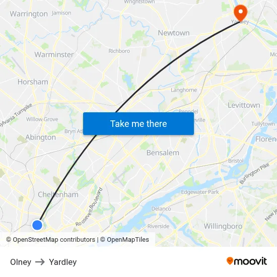 Olney to Yardley map