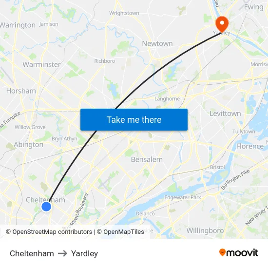 Cheltenham to Yardley map