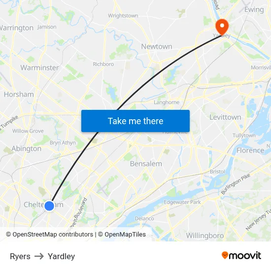 Ryers to Yardley map