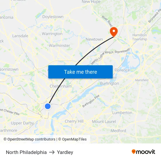 North Philadelphia to Yardley map