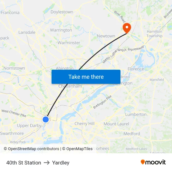 40th St Station to Yardley map