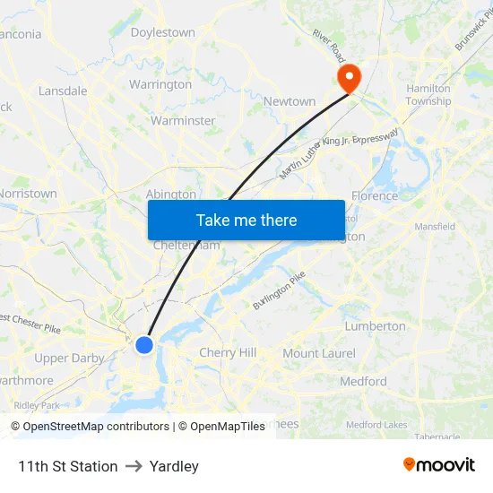 11th St Station to Yardley map