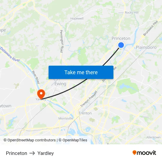 Princeton to Yardley map
