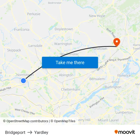Bridgeport to Yardley map
