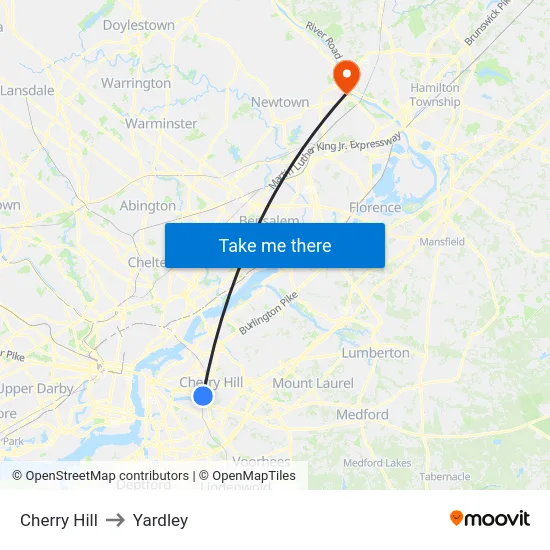 Cherry Hill to Yardley map