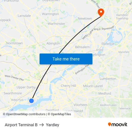 Airport Terminal B to Yardley map