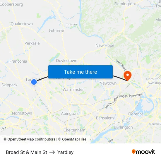 Broad St & Main St to Yardley map