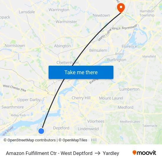 Amazon Fulfillment Ctr - West Deptford to Yardley map