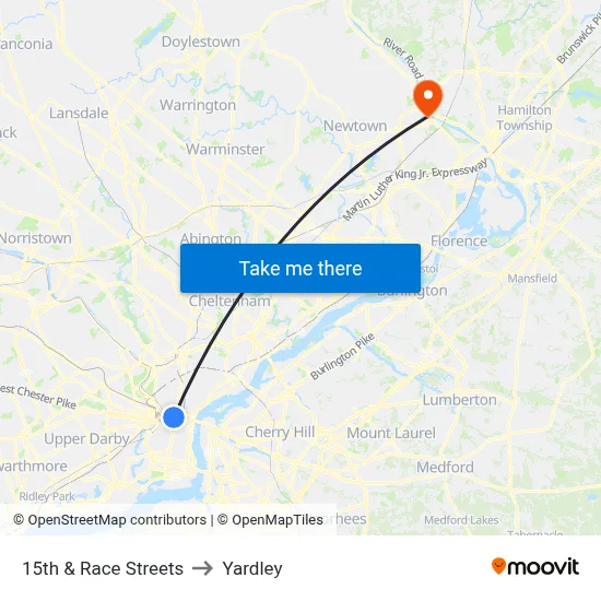 15th & Race Streets to Yardley map