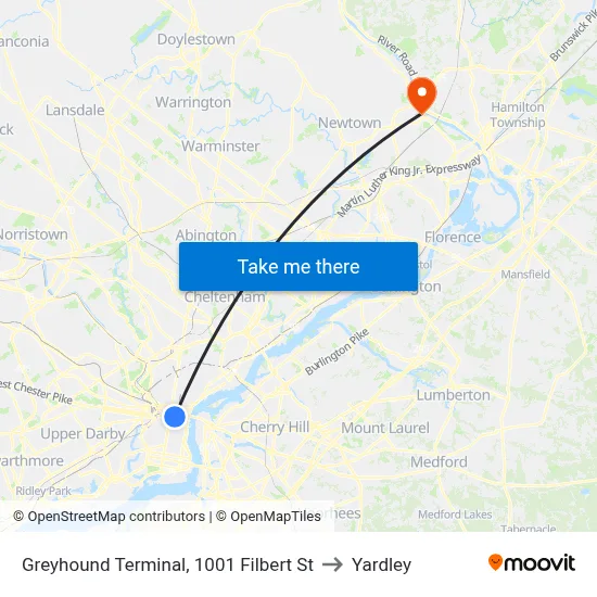 Greyhound Terminal, 1001 Filbert St to Yardley map
