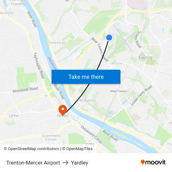 Trenton-Mercer Airport to Yardley map