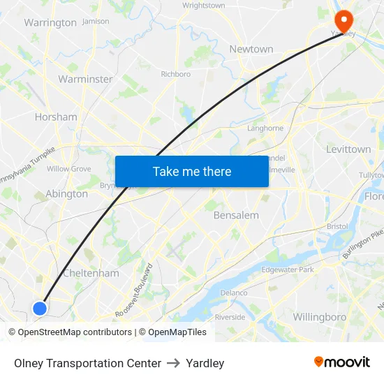 Olney Transportation Center to Yardley map