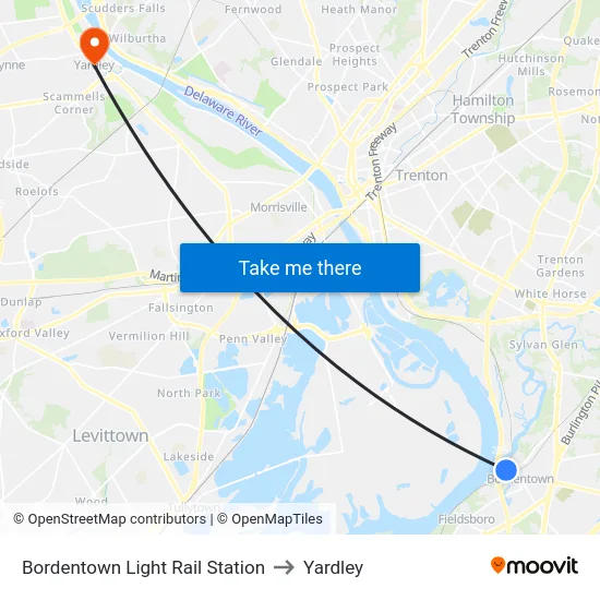 Bordentown Light Rail Station to Yardley map