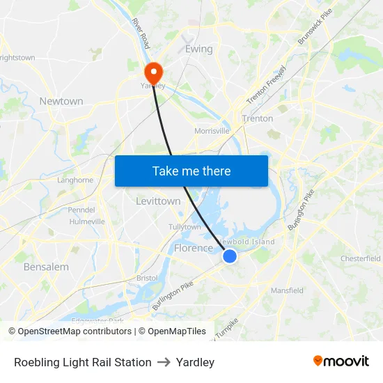 Roebling Light Rail Station to Yardley map