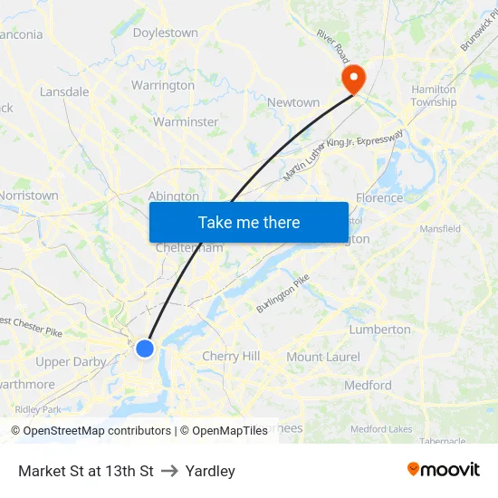 Market St at 13th St to Yardley map