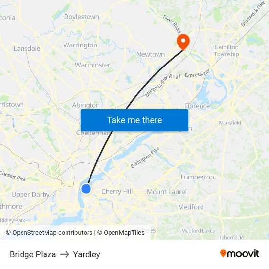 Bridge Plaza to Yardley map