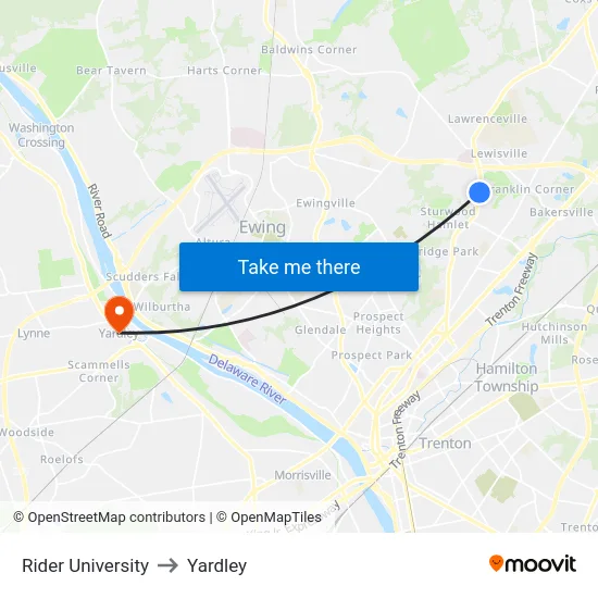 Rider University to Yardley map