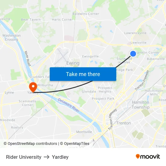 Rider University to Yardley map