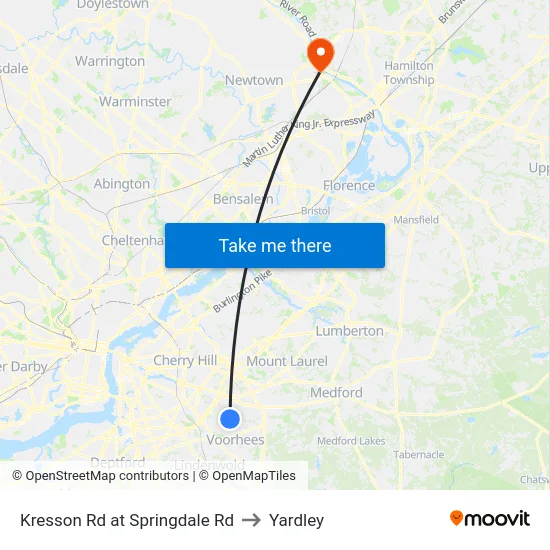 Kresson Rd at Springdale Rd to Yardley map