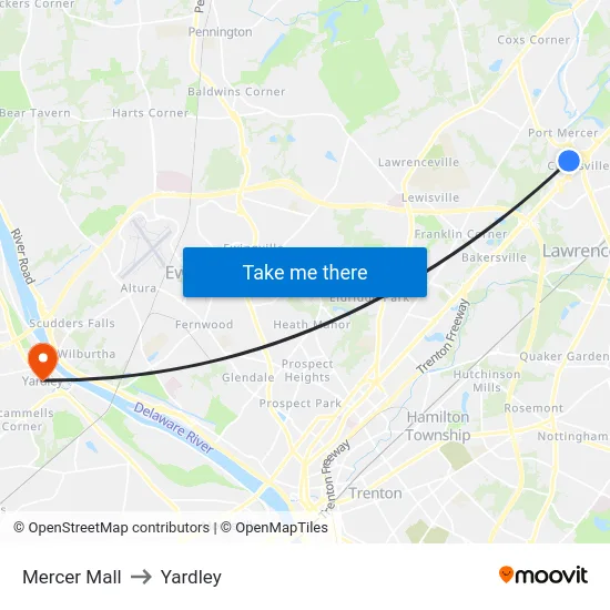 Mercer Mall to Yardley map