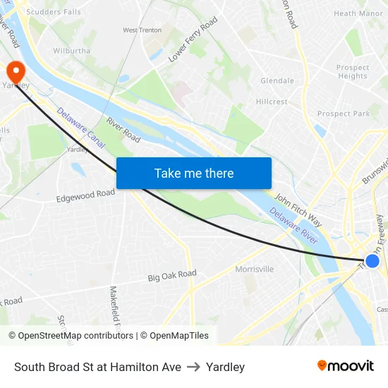 South Broad St at Hamilton Ave to Yardley map