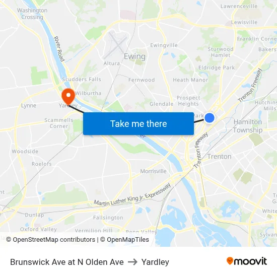 Brunswick Ave at N Olden Ave to Yardley map