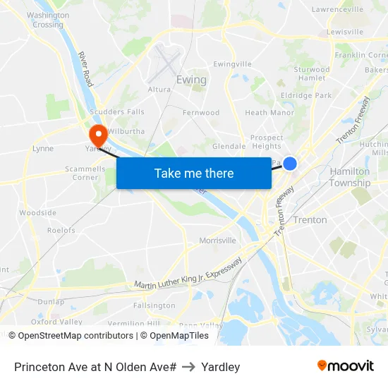 Princeton Ave at N Olden Ave# to Yardley map