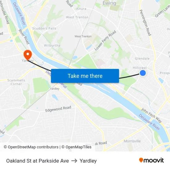 Oakland St at Parkside Ave to Yardley map