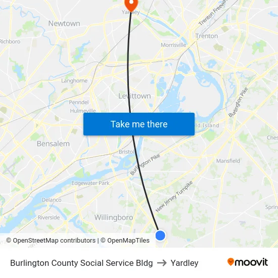 Burlington County Social Service Bldg to Yardley map