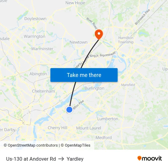 Us-130 at Andover Rd to Yardley map
