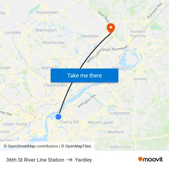 36th St River Line Station to Yardley map