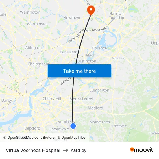Virtua Voorhees Hospital to Yardley map