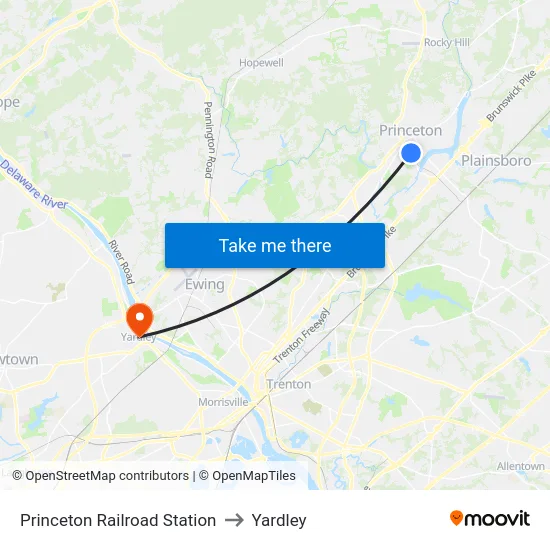 Princeton Railroad Station to Yardley map