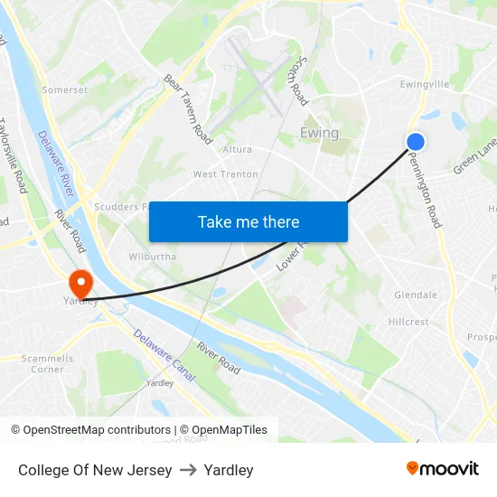College Of New Jersey to Yardley map