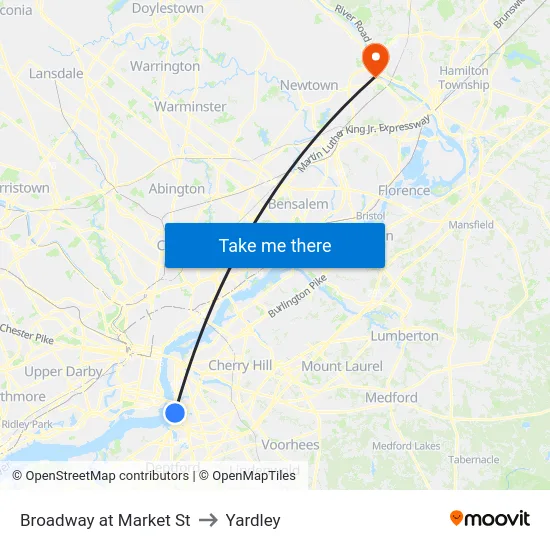 Broadway at Market St to Yardley map