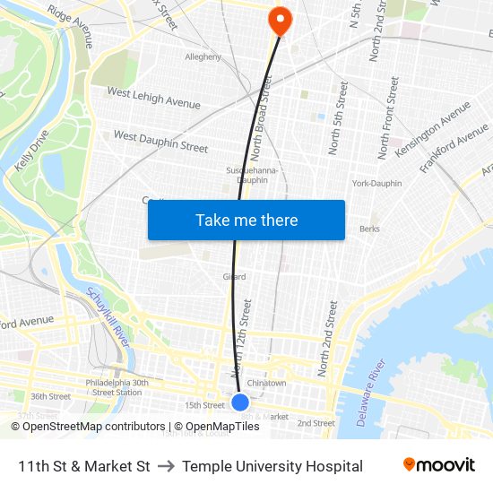 11th St & Market St to Temple University Hospital map