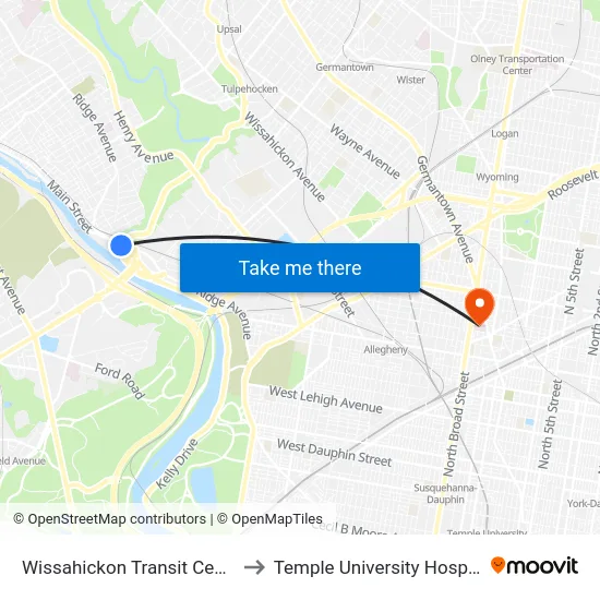 Wissahickon Transit Center to Temple University Hospital map