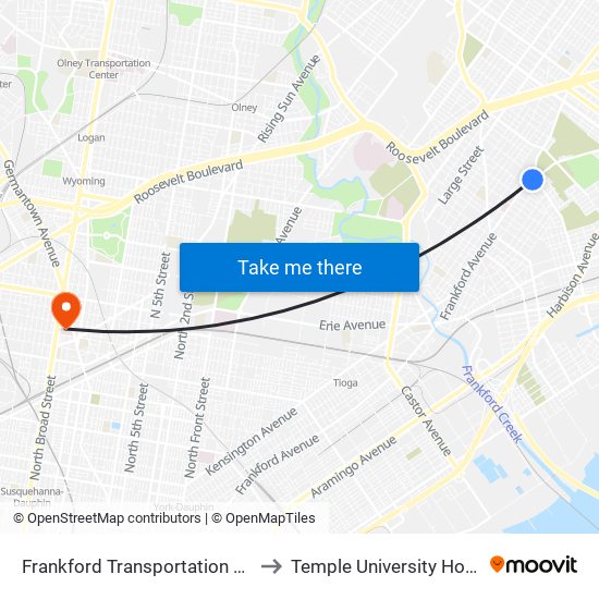 Frankford Transportation Center to Temple University Hospital map
