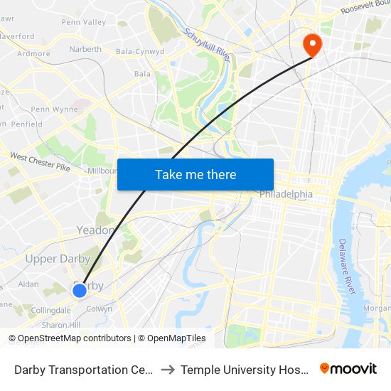 Darby Transportation Center to Temple University Hospital map