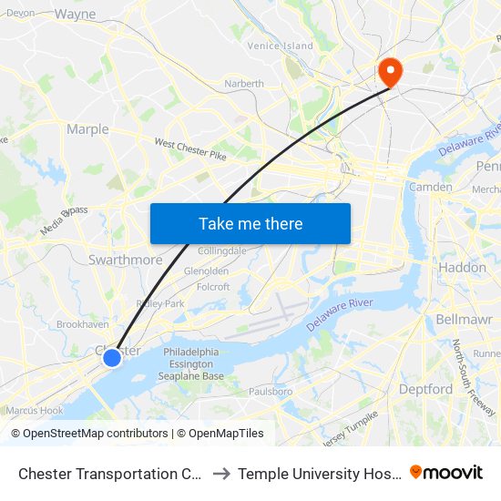 Chester Transportation Center to Temple University Hospital map